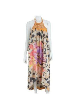 Ramy Brook Open Back Floral Maxi Dress Silk Halter Tie Crochet Neckline